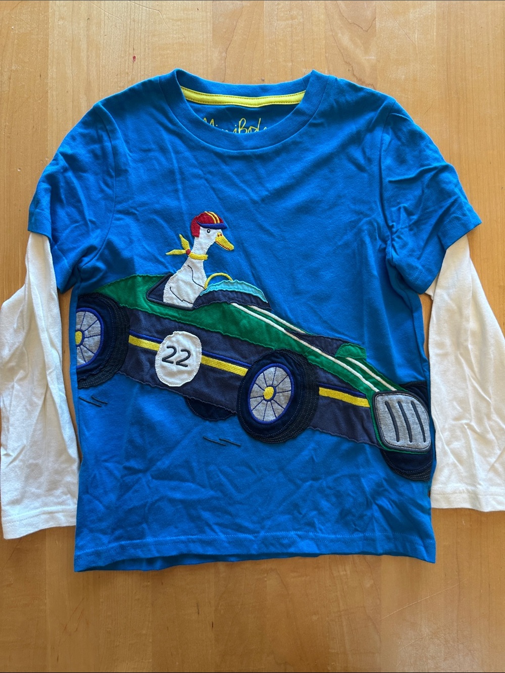 Mini Boden Bright Blue Layered-Look Race Car Applique Tee